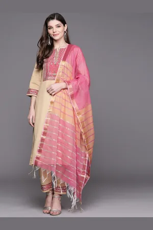 Biba Women Beige & Pink Solid Kurta with Trousers & Dupatta