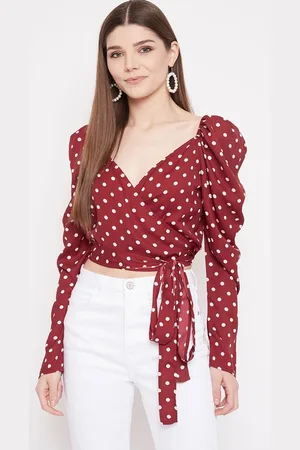 Berrylush Polka Dot Print Puff Sleeve Wrap Crop Top
