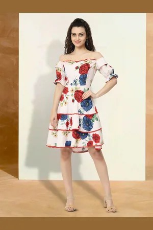 Moda Rapido Floral Print Off-Shoulder Applique Fit & Flare Dress
