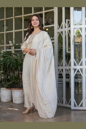 Orus Women Embroidered Regular Sequinned Chanderi Silk Kurta with Trousers & With Dupatta