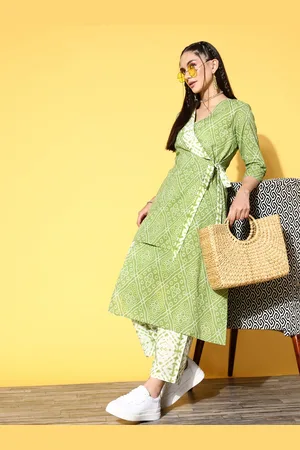 ATHENA Women Green & White Printed Pure Cotton Bandhani Print Angrakha Kurta with Trousers