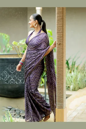 Mirchi Fashion Women Purple Leheriya Poly Chiffon Saree With Blouse Piece