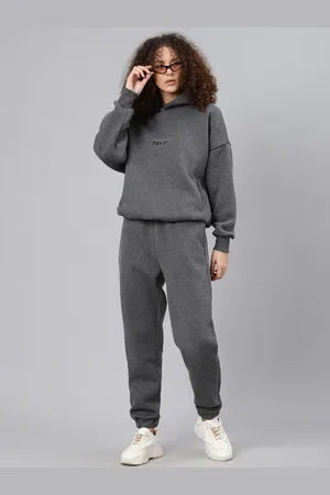 Fitkin Women Charcoal Grey Solid Fleece Hooded Winter Sweatshirt