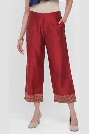 De Moza Women Maroon & Gold-Toned Ethnic Motifs Embroidered Cropped Palazzos