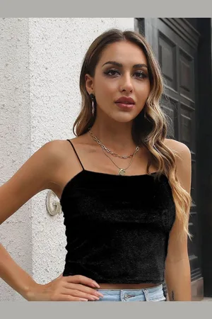 DressBerry Black Shoulder Strap Velvet Crop Top