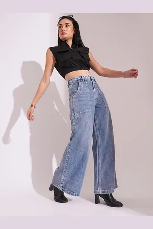 Globus Women Light Blue Cotton High Rise Whiskers Effect Wide Leg Jeans