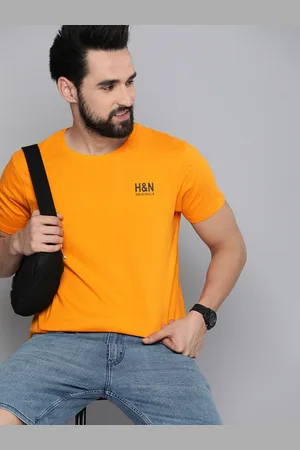 HERE&NOW Men Mustard Yellow Pure Cotton Brand Logo Printed T-shirt