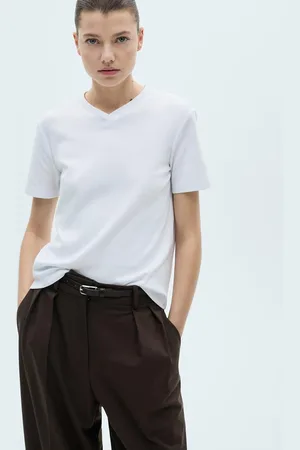 MANGO Women V-Neck Pure Cotton T-shirt