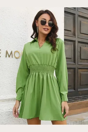 DressBerry Green Shirt Collar Fit & Flare Cuffed Sleeves Opaque Casual Dress