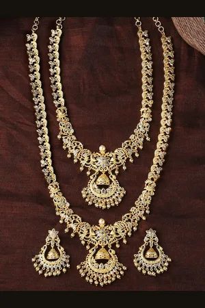 ESTELE Gold Plated CZ Swarnim Designer Bridal Necklace Set Combo with Pearl