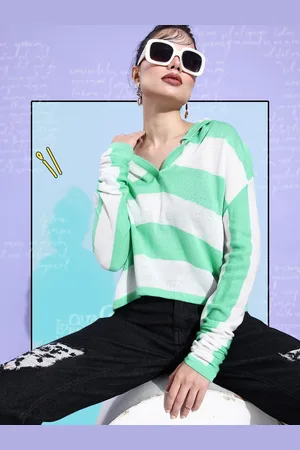 DressBerry Women Striped Acrylic Hooded Pullover