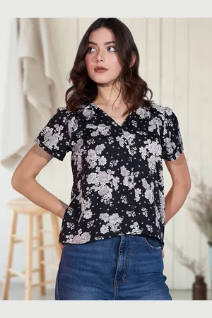 DressBerry Black Floral Pleated Shirt Style Top