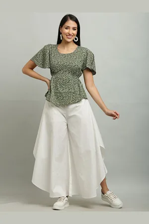 EZIS FASHION Floral Print Crepe Flared Sleeve Peplum Top