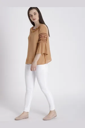 Chemistry Women Beige Solid Pure Cotton Top