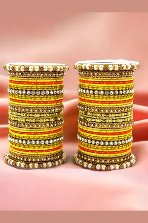 Leshya Set Of 70 Brass-Plated Stone Studded & Beaded Bangles