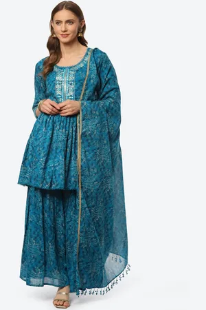 Biba Women Teal Floral Printed Sequinned Kurta with Sharara & With Dupatta
