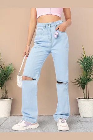 DressBerry Women Slash-Knee Edge Straight Fit Pure Cotton Jeans