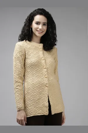 Cayman Women Beige Wool Cable Knit Ribbed Cardigan