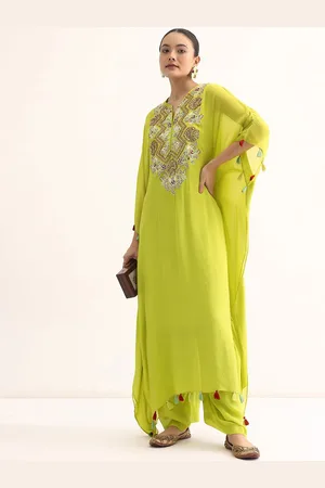 KALKI Fashion Floral Embroidered Notch Neck Flared Sleeves Kaftan Kurta with Trousers