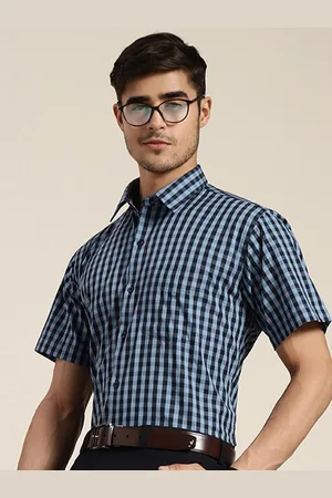 HANCOCK Men Navy Blue Slim Fit Gingham Checks Checked Pure Cotton Formal Shirt