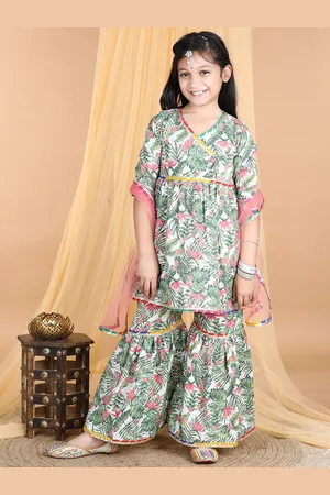 Cutiekins Girls Floral Printed Angrakha A-Line Kurta & Sharara With Dupatta
