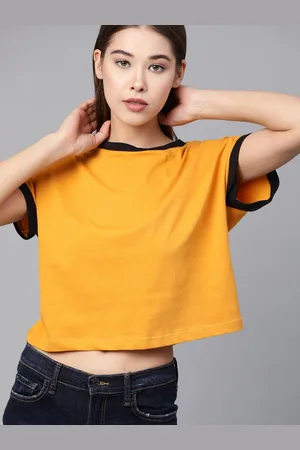 Roadster Mustard Yellow Round Neck Cropped Boxy Top