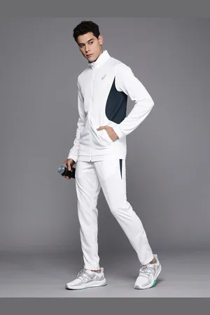 Asics Men White And Teal Blue Colourblocked Basic Tracksuit