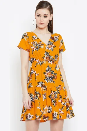 Berrylush Women Mustard Orange Floral Printed Empire Dress