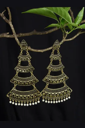 HOUSE OF ARLI Women Gold-Plated Crescent Shaped Drop Earrings