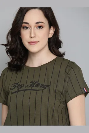 HARVARD Women Olive Green Black Striped Round Neck Pure Cotton T-shirt