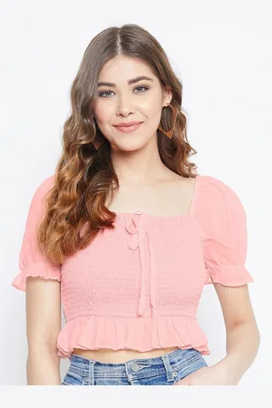 Berrylush Pink Crepe Cinched Waist Smocked Crop Top