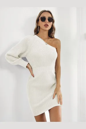 DressBerry Off shoulder waisted sweater one shoulder long sleeved knitted Dress