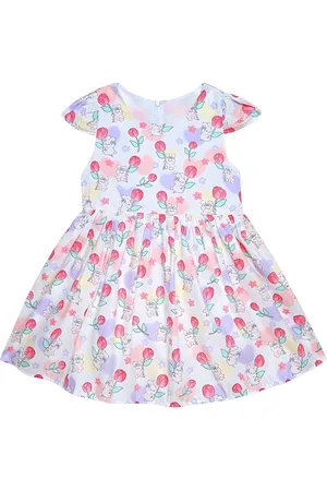 BAESD Girls Floral Print Round Neck Short Cap Sleeves Cotton Fit & Flare Dress