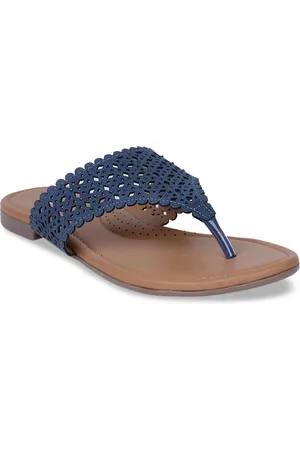 Bata Women Navy Blue Textured T-Strap Flats