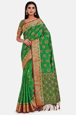 Mimosa Green & Maroon Ethnic Motifs Zari Art Silk Kanjeevaram Saree