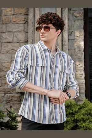 HERE&NOW Men Relaxed Fit Spread Collar Vertical Striped Cotton Casual Shirt