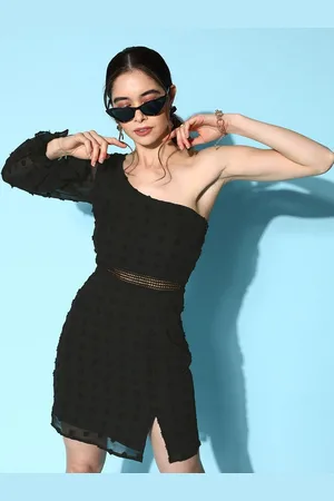 Berrylush One Shoulder Bishop Sleeve Jacquard Bodycon Mini Dress