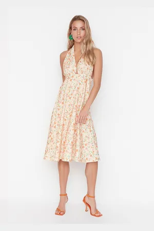 Trendyol Women Yellow Floral Printed Halter Neck Midi Dress