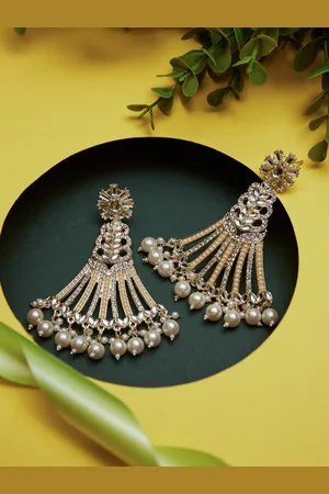 ATIBELLE Gold-Plated Classic Beaded & Stone Studded Drop Earrings