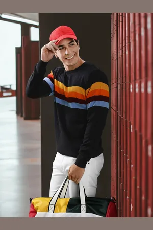 HARVARD Men Navy Blue Striped Revisited Nostalgia Cheerful Lanes Pullover