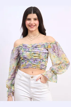 Berrylush Floral Print Bishop Sleeves Georgette Crop Top