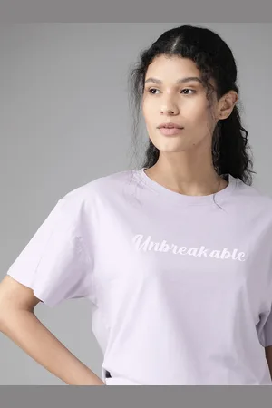 Roadster Women Lavender White Printed Round Neck Pure Cotton T-shirt