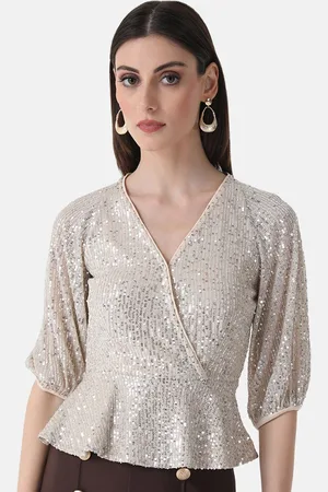 Kazo Embellished Sequined V-Neck Puff Sleeves Peplum Top