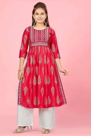 Sangria Girls Red Floral Printed Thread Work Cotton A-Line Kurta