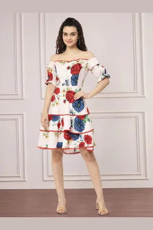 Moda Rapido Floral Print Off-Shoulder Applique Fit & Flare Dress