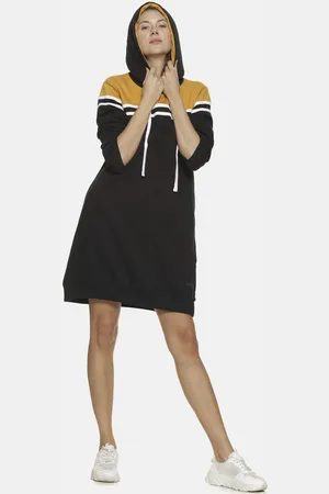 Campus Women Black & Mustard Colourblocked Hooded Pure Cotton Sweater Dress