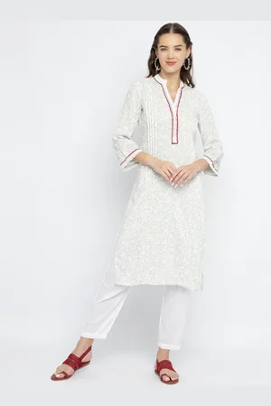 BE INDI Women Mandarin Collar Floral Straight Side Slits Regular Kurta