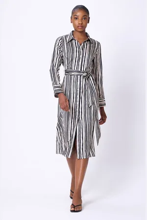 COVER STORY Ivory Striped Long Sleeves Satin Shirt Midi Dress