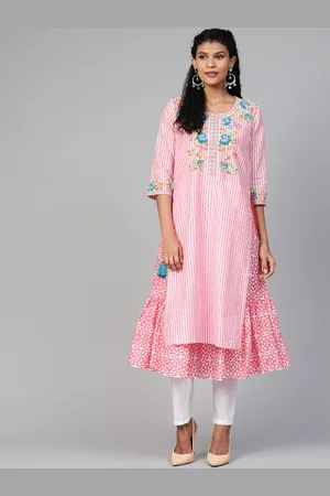 Biba Women Pink & White Striped A-Line Kurta