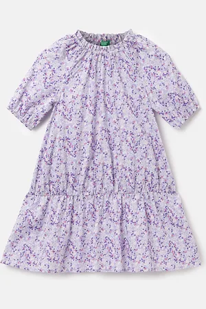 Benetton Girls Floral Printed Puffed Sleeves Pure Cotton A-Line Dress